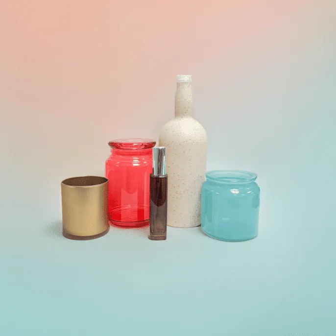 Five glass containers in gold gloss, red frost, dark, speckled and turquoise finishes