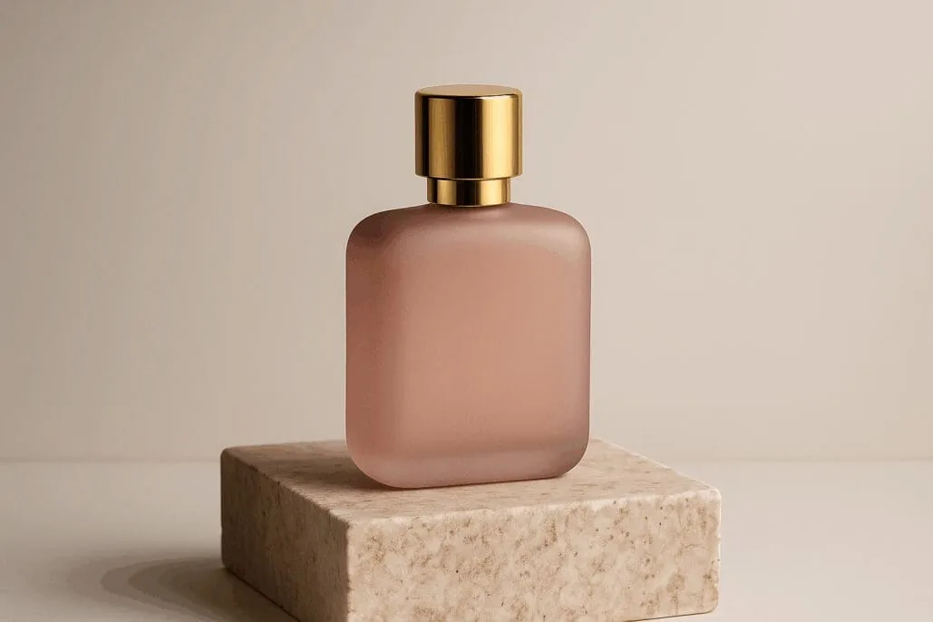 Frosted rose-pink perfume bottle with gold cap