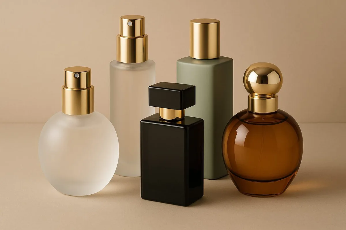 Luxury perfume bottles and atomizers in various glass colors