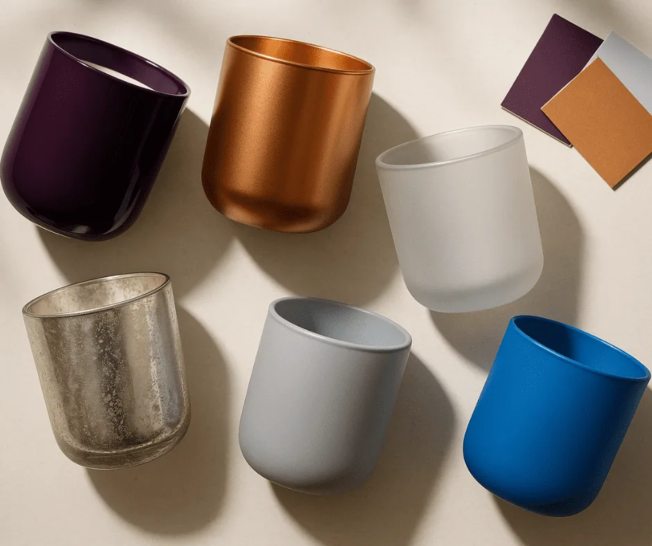Six glass containers in frosted, metallic, speckled and matte finishes with color swatches above