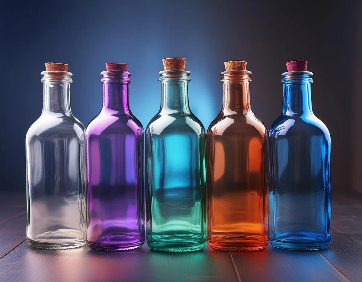Row of colored spirit bottles with cork stoppers